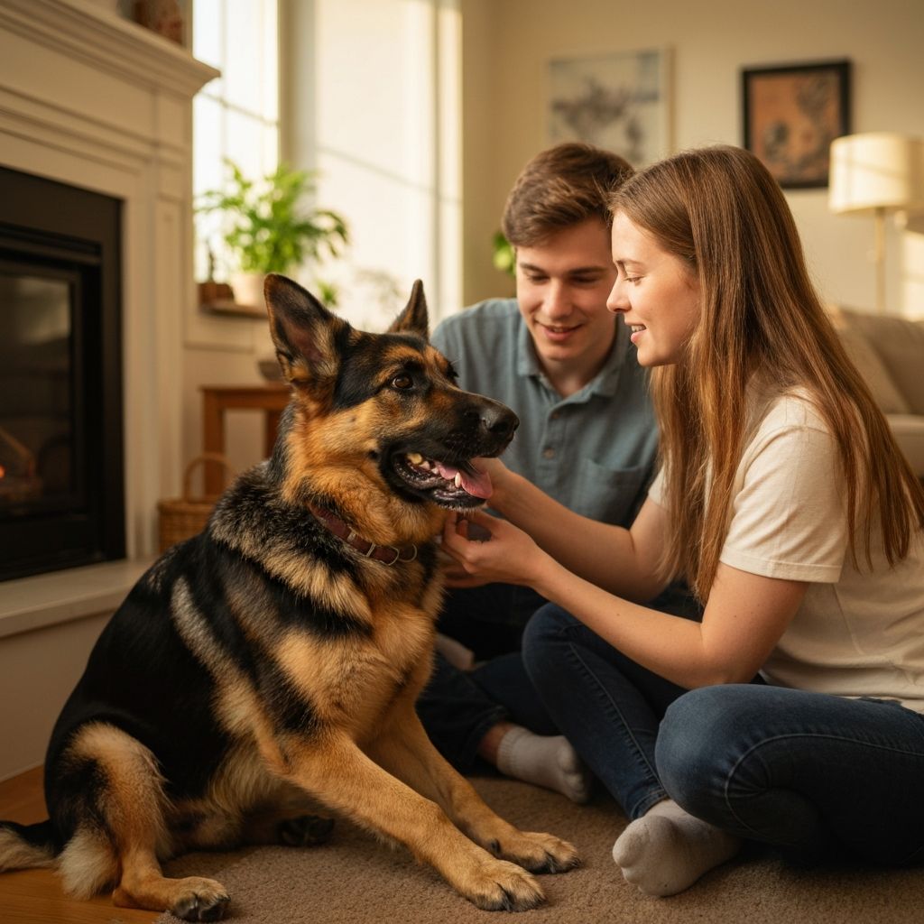 Szczęśliwy owczarek niemiecki z rodziną
